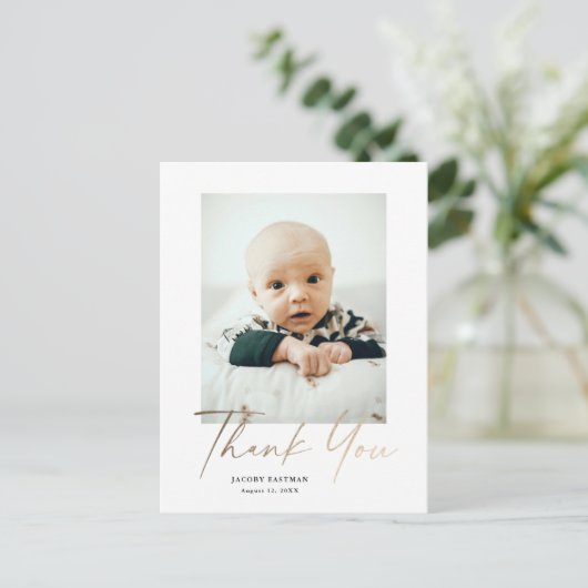 エレガント金ゴールドスクリプト写真ベビーありがとう ポストカード (スタンド正面)
