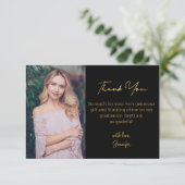 エレガント金ゴールドスクリプト卒業フォトブラック サンキューカード (スタンド正面)