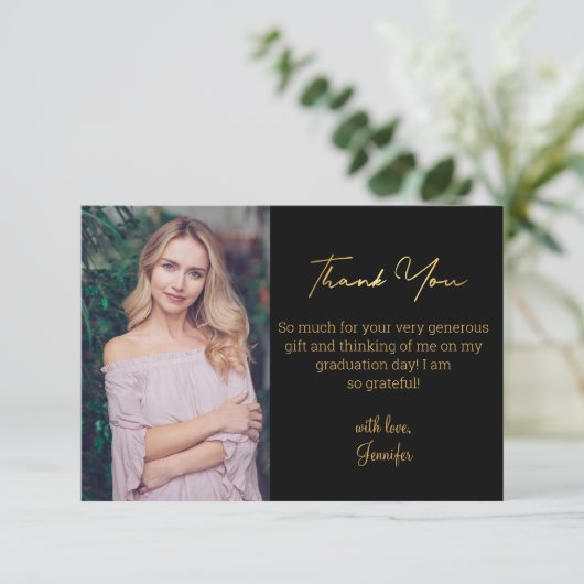 エレガント金ゴールドスクリプト卒業フォトブラック サンキューカード (スタンド正面)