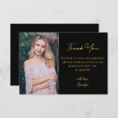 エレガント金ゴールドスクリプト卒業フォトブラック サンキューカード (正面/裏面)