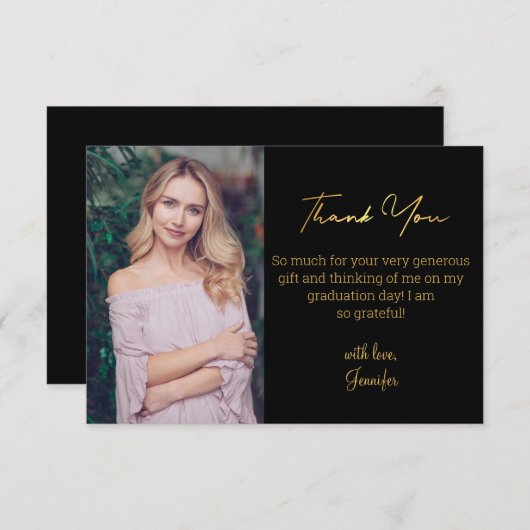 エレガント金ゴールドスクリプト卒業フォトブラック サンキューカード (正面/裏面)