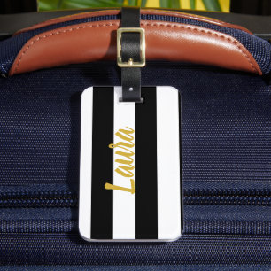 エレガント金ゴールドスクリプト名の白黒ストライプの ラゲッジタグ