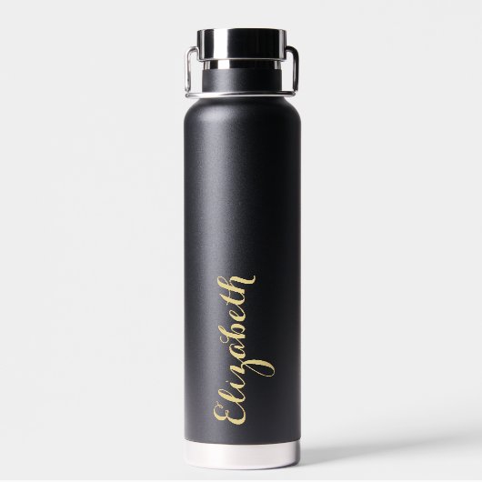 エレガント金ゴールドスクリプト名前をカスタムするブモノグラムのラック ウォーターボトル (背面)