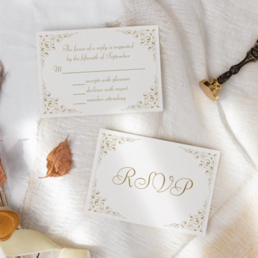 エレガント金ゴールドスクリプト植物体結婚枠 出欠カード