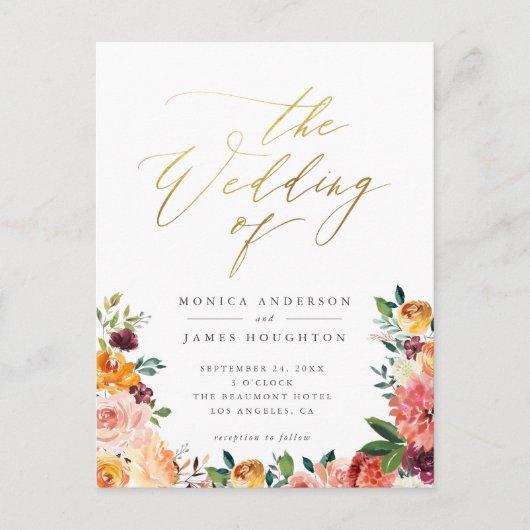 エレガント金ゴールドスクリプト水カラーフローラ結婚の インビテーションポストカード (正面)