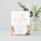 エレガント金ゴールドスクリプト水カラーフローラ結婚の インビテーションポストカード (スタンド正面)