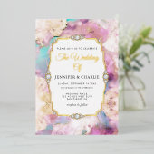 エレガント金ゴールドスクリプト水カラー大理石モダン実在 箔招待状 (立ち正面)