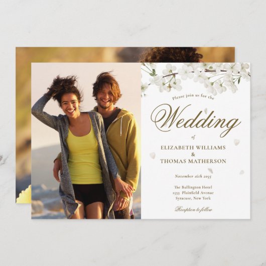 エレガント金ゴールドスクリプト白い花2写真 招待状 (正面/裏面)