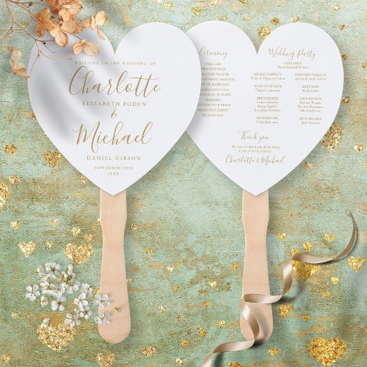 エレガント金ゴールドスクリプト結婚式 プログラムハート ハンドファン