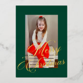 エレガント金ゴールドスクリプト緑のフレーム写真 箔シーズンカード (正面)