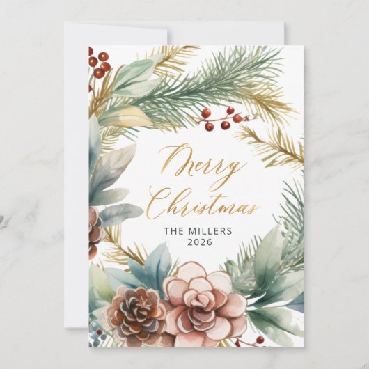 エレガント金ゴールドスクリプト緑のリースクリスマス シーズンカード (正面)