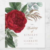 エレガント金ゴールドスクリプト赤フローラ結婚の ワインラベル (シングルラベル)