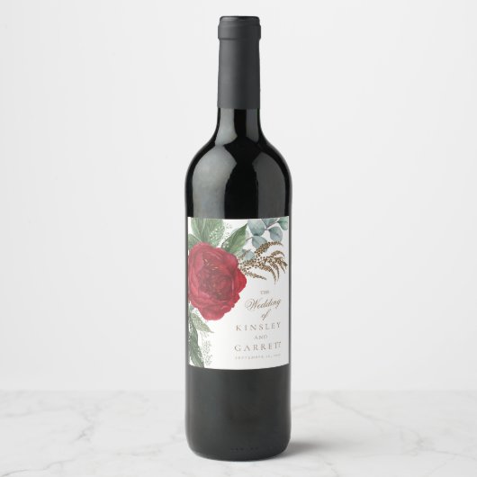 エレガント金ゴールドスクリプト赤フローラ結婚の ワインラベル (正面)