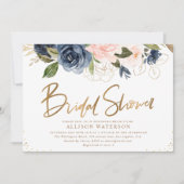 エレガント金ゴールドスクリプト赤面とネイビーブライダルシャワー 招待状 (正面)