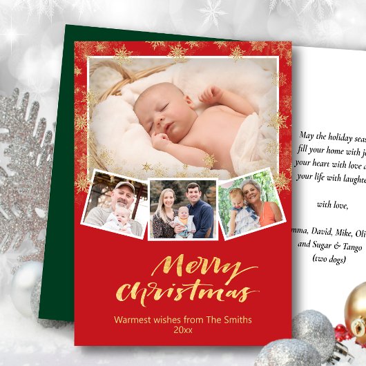 エレガント金ゴールドスクリプト雪モダン片レッドフェスティバル シーズンカード