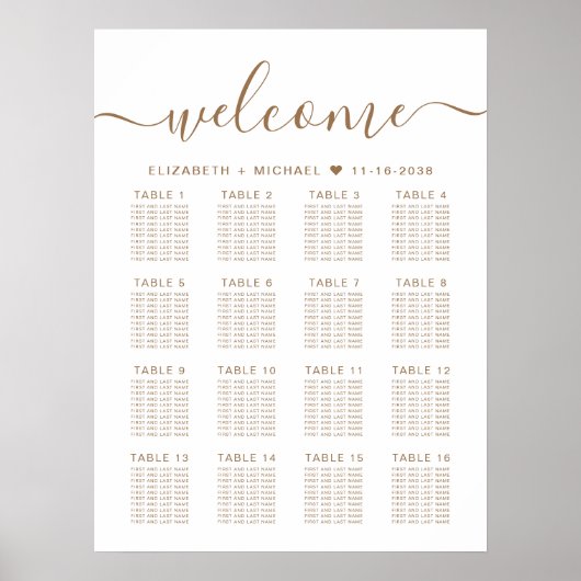 エレガント金ゴールドスクリプト16表結婚の座席表 ポスター (正面)