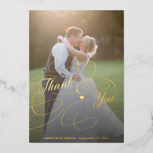 エレガント金ゴールドスクリプト2写真結婚のサンキューカード 箔招待状 (正面)