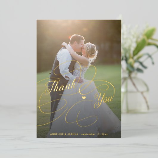 エレガント金ゴールドスクリプト2写真結婚のサンキューカード 箔招待状 (立ち正面)