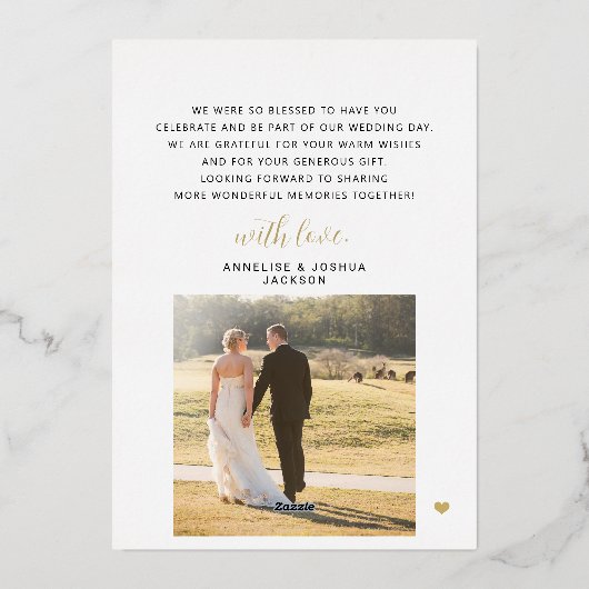 エレガント金ゴールドスクリプト2写真結婚のサンキューカード 箔招待状 (裏面)