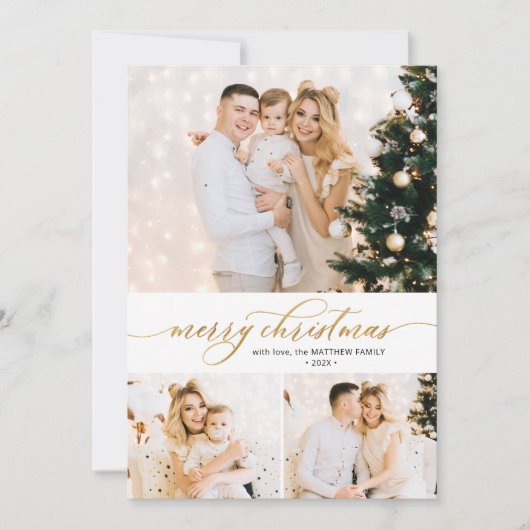 エレガント金ゴールドスクリプト3フォトコラージクリスマスカード シーズンカード (正面)