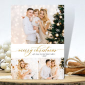 エレガント金ゴールドスクリプト3フォトコラージクリスマスカード シーズンカード