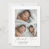 エレガント金ゴールドスクリプト3フォトベビー サンキューカード (正面)