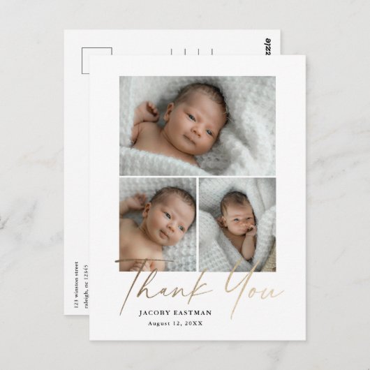 エレガント金ゴールドスクリプト3写真ベビーありがとう ポストカード (正面/裏面)