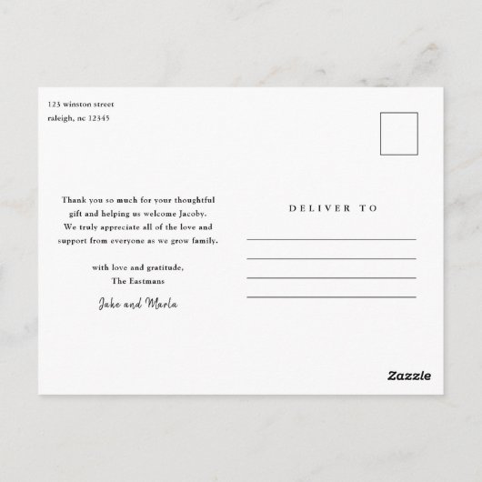 エレガント金ゴールドスクリプト3写真ベビーありがとう ポストカード (裏面)