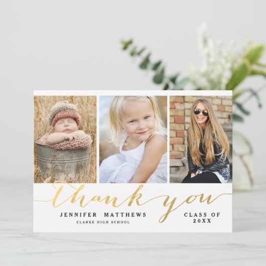 エレガント金ゴールドスクリプト3写真卒業ありがとう 案内状 (スタンド正面)