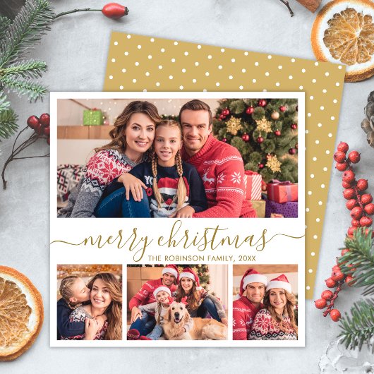 エレガント金ゴールドスクリプト4フォトコラージクリスマス シーズンカード
