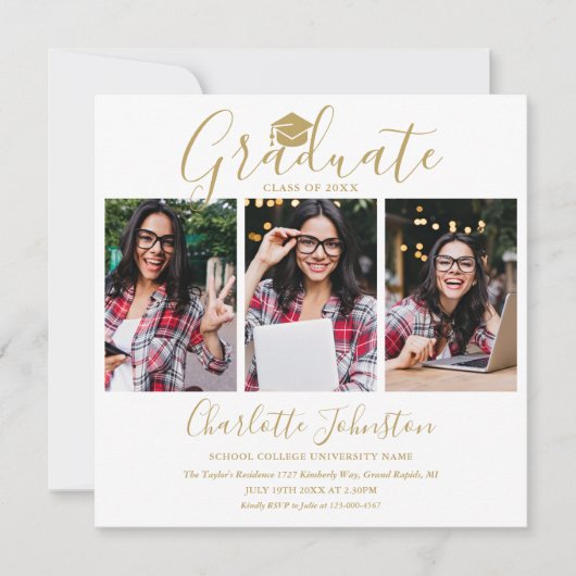 エレガント金ゴールドスクリプト4写真卒業パーティー 招待状 (正面)