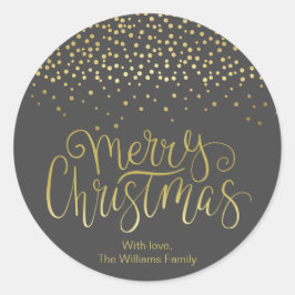 エレガント金ゴールドスクリプト&紙吹雪ブラッククリスマス ラウンドシール