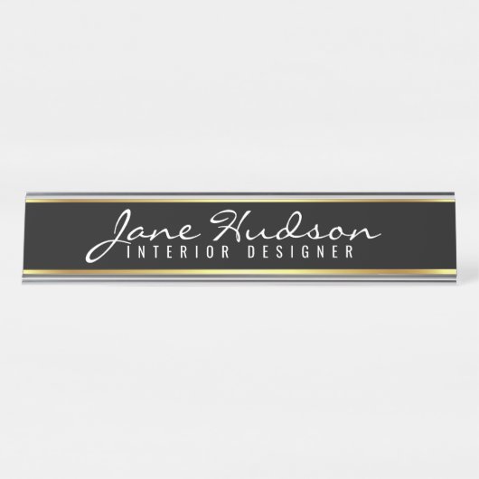 エレガント金ゴールドスクリプモダント花机の名前プレート デスクネームプレート (正面)