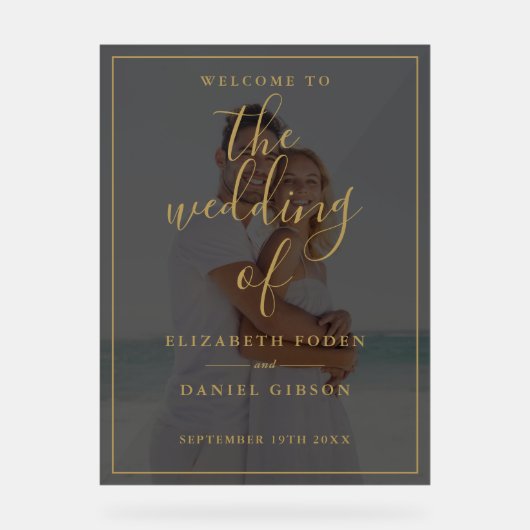 エレガント金ゴールドスクリプ結婚ト写真 アクリルサイン (正面)