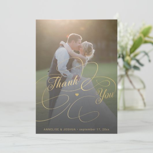 エレガント金ゴールドスクリプ結婚ト2枚 サンキューカード (スタンド正面)