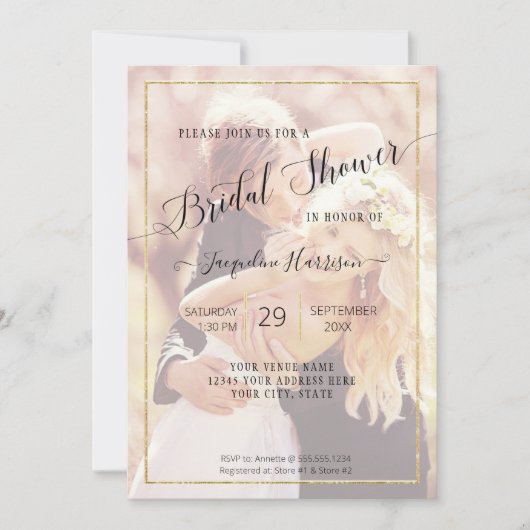 エレガント金ゴールドスシンプルクリプトブライダルシャワー写真 招待状 (正面)