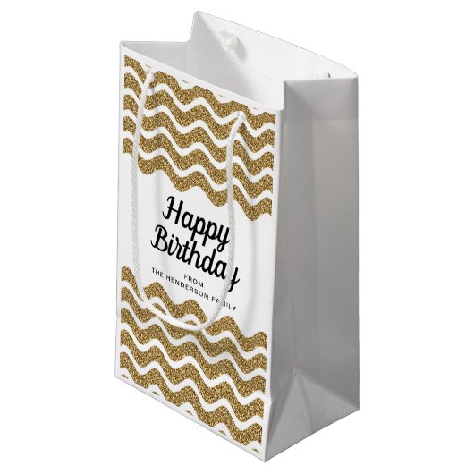 エレガント金ゴールドスストライプクリプト誕生日 スモールペーパーバッグ (正面アングル)