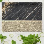 エレガント金ゴールドスタイリッシュグリッターシークインズブラックマーブルー キッチンタオル (折り畳み)