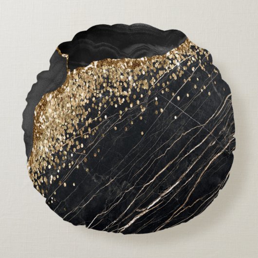 エレガント金ゴールドスタイリッシュグリッターシークインズブラックマーブルー ラウンドクッション (正面)