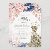 エレガント金ゴールドスタイリッシュグリッタードレスブルーフラワーズ 招待状 (正面/裏面)