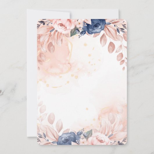 エレガント金ゴールドスタイリッシュグリッタードレスブルーフラワーズ 招待状 (裏面)