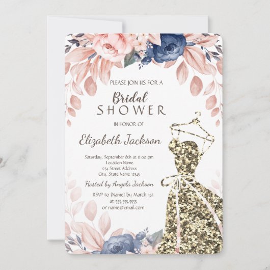 エレガント金ゴールドスタイリッシュグリッタードレスブルーフラワーズ 招待状 (正面)