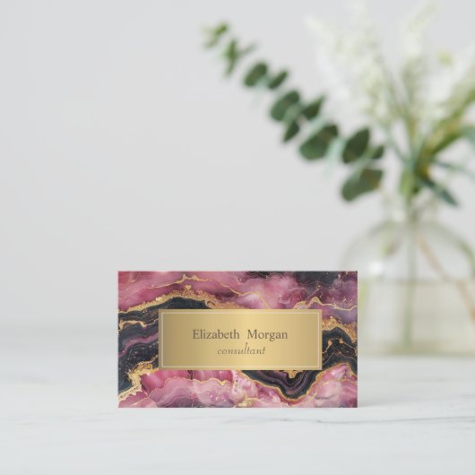 エレガント金ゴールドスタイリッシュグリッターブラックブルガンディーマーブルー 名刺 (スタンド正面)