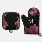 エレガント金ゴールドスタイリッシュグリッターブルガンディーアゲート 鍋つかみ&鍋敷きセット (正面)