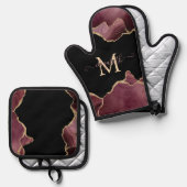 エレガント金ゴールドスタイリッシュグリッターブルガンディーアゲート 鍋つかみ&鍋敷きセット (正面/裏面)