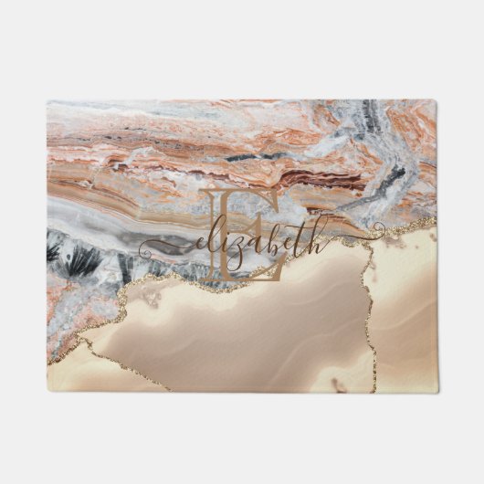 エレガント金ゴールドスタイリッシュグリッターマーブルストーンモノグラム ドアマット (正面)