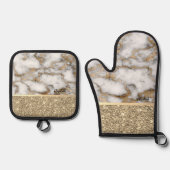 エレガント金ゴールドスタイリッシュグリッター光沢のある白い大理石 鍋つかみ&鍋敷きセット (正面)