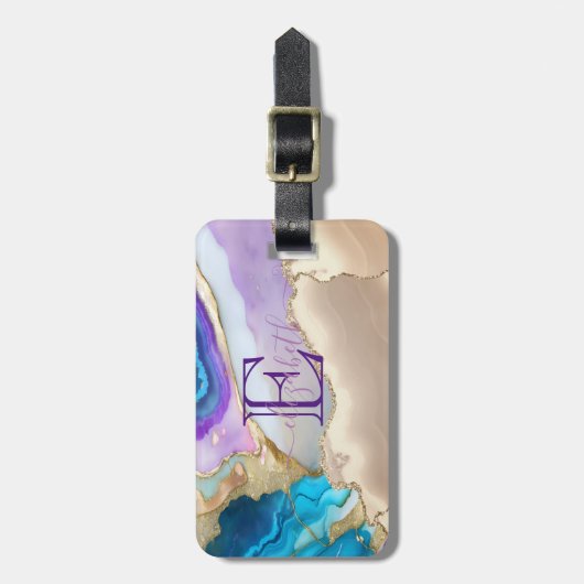 エレガント金ゴールドスタイリッシュバイオレットブルー大理石モノグラム ラゲッジタグ (正面縦)