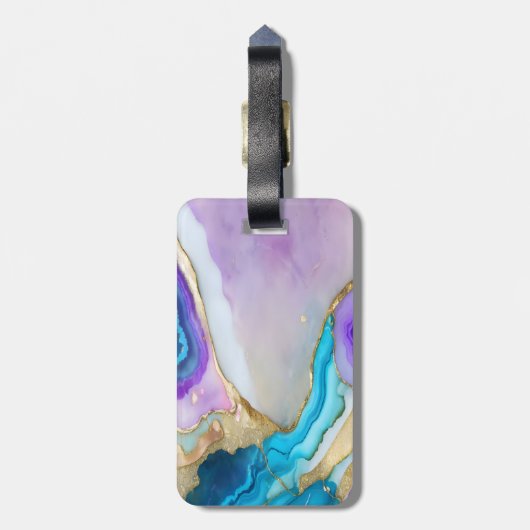 エレガント金ゴールドスタイリッシュバイオレットブルー大理石モノグラム ラゲッジタグ (裏面縦)