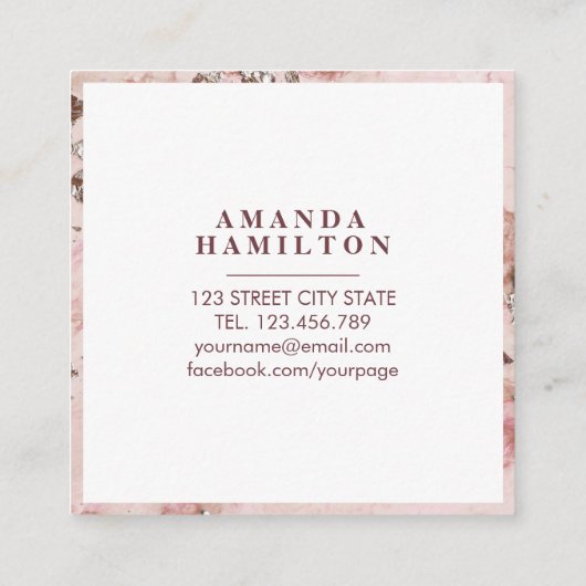 エレガント金ゴールドスタイリッシュ赤面ピンク大理石バラ金ゴールド スクエア名刺 (裏面)